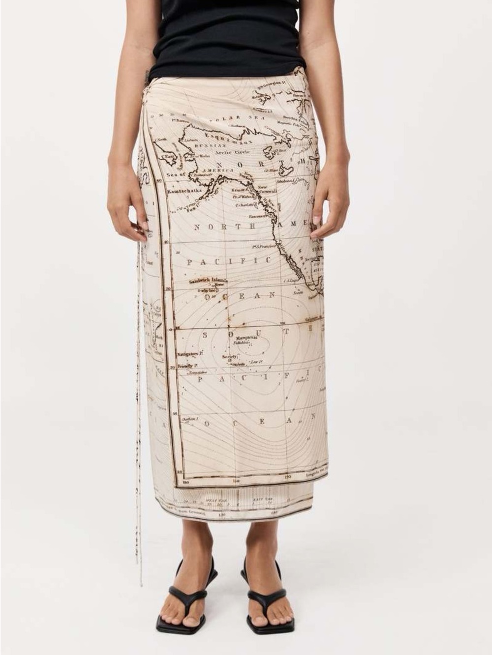 Map-Print Sarong Wrap Skirt - Cream